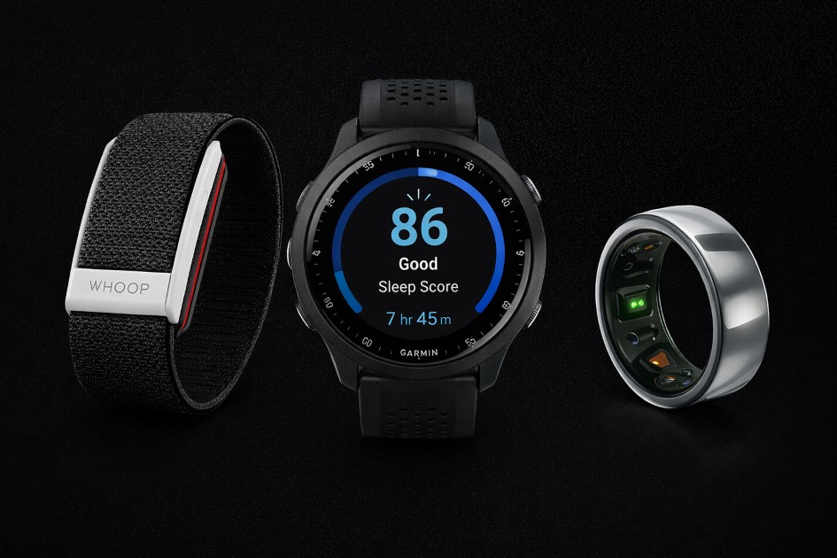 Fitness trackers including WHOOP, Garmin, and Oura Ring displayed for comparison
